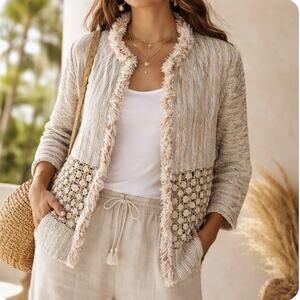 Chicos Sz 2(L-12) Textured Woven Ctn Fringe Knit Open Blazer Jacket Blouse Top